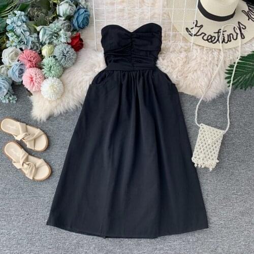 Very fairy dress female 2021 new sexy tube top waist strapless solid color mid-length skirt all-match small dress skirt