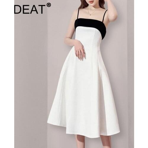 DEAT Woman Midi Dress Spaghetti Strap Hit Color Bow Backless Elegant Fashion Formal Style Dresses 2021 Summer Fashion 15JK068