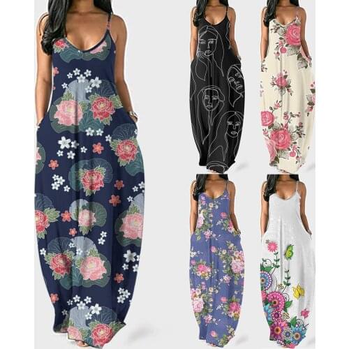 Boho Maxi Dress Womens Flower Printed Sleeveless Beach Summer Dress Plus Size Spaghetti Strap Vestido De Mujer Party Dresses