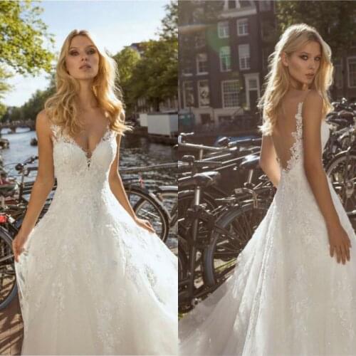 White V-Neck Wedding Dress Tulee Gowns 2020 Court Train with Appliques Bridal Gowns Custom Made