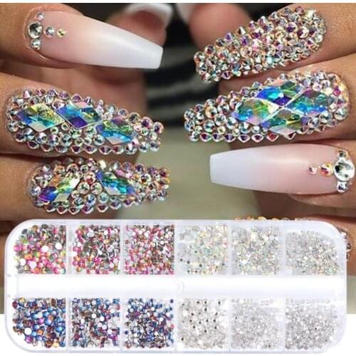 1Box 18g Nail Decor Shining Rhinestone Design 12 Grids 3D Nail Embellishment Sequins Mixed Design Glass 3D Nail Art Decorations