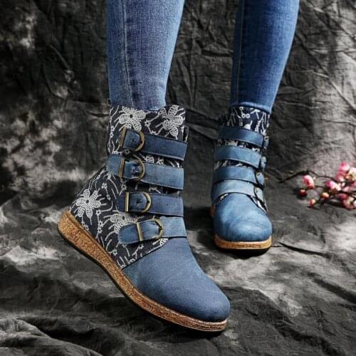 2021new Splicing Riding Boots Fashion Calf Mid-tube Boots Platform Wedges Ethnic Style Short Boots Casual Winter Women Shoes