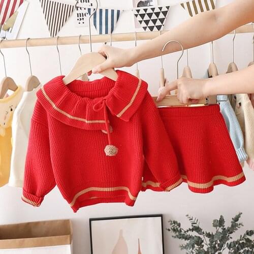 Baby Kids Children Wear Sweater Tops+Pleated Skirts 2pcs Suit Hot Sale Autumn Spring Knitwear Princess Clothes Set For Girls