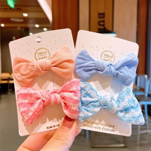 2/4pcs/Pack Knotted Bows Hair Clips for Girls Cute Solid Colors Stripe Cotton Bowknot Kids Harpins Barrettes Child Headdress