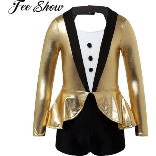 Kids Shiny Metallic Gymnastics Unitards Dress Girls Figure Ice Skating Ballet Leotard Stage Performance Latin Jazz Dance Costume