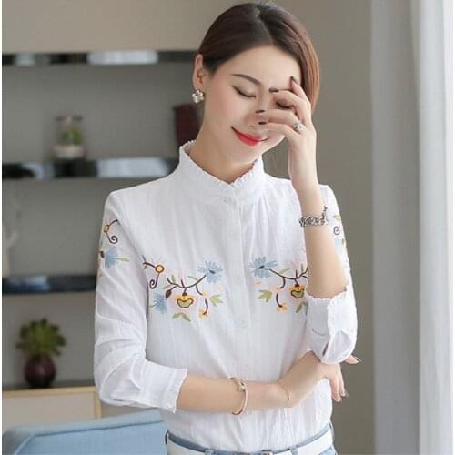 Cotton Women Spring Summer Style Blouses Shirts Lady Casual Long Sleeve Embroidery Long Sleeve Blusas Tops DD2463