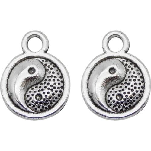 Julie Wang 30PCS Tiny Tai Chi Diagram Charms Antique Silver Color Round Tag Pendant Punk Jewelry Making Accessory