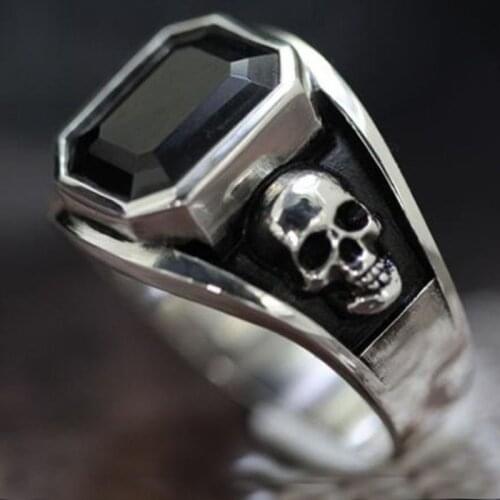 Personality Punk Skeleton Ring Fashion Men Inlay Black Semi Precious Stone Silver Color Ring Trend Men Motorcycle Party Jewelry