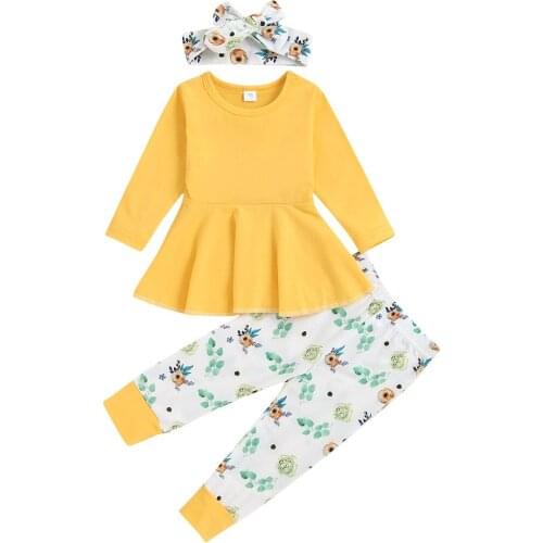 3Pcs Little Girls Outfit, Solid Color Long Sleeve Flouncing Hem Round Collar Tops + Floral Printing Pants + Headwear Set