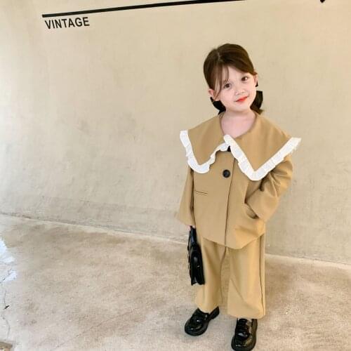 Baby Girl Khaki Clothes Set Spring Autumn Kids Simple Loose Doll Collar Top With Straight Pants 3-10Y Children Fashion Costume