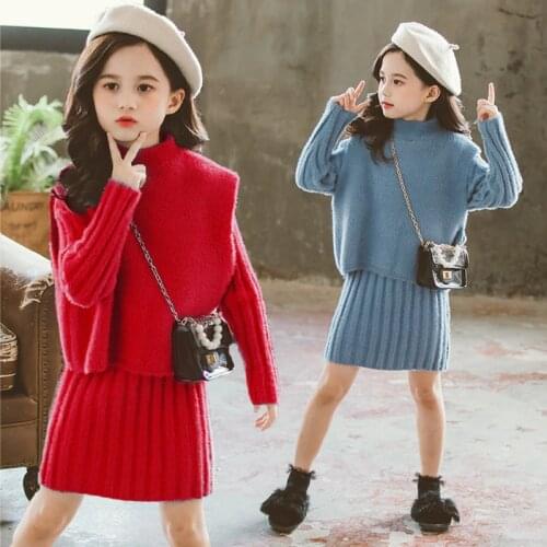 Girls Clothing set 2020 Autumn Warm Thicken Knitted Sweater Dress Set Children Costume 6 8 10 12 Years Kids Girls Winter Clothes