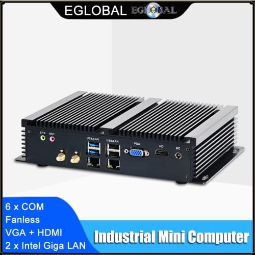 Eglobal 6 COM Computer Windows Linux Barebone System 2 Lan Industrial Fanless Mini PC 7*24 Hours Working 4 USB 2.0 4USB 3.0 WIFI
