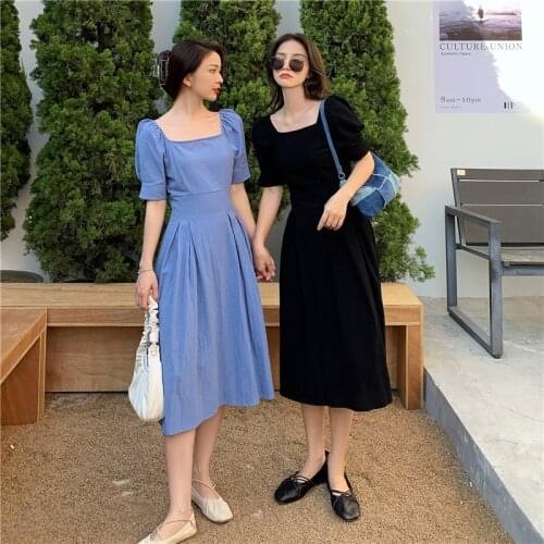 Korean Square Collar Dress Women 2021 New Slim Waist Temperament Thin Solid Collar Short Sleeve French Dresses Women A-Line