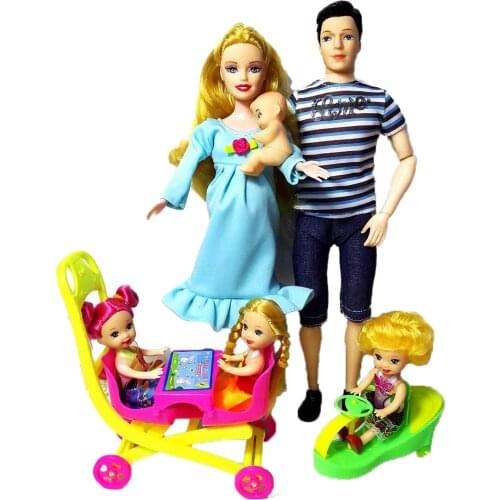 Fashion Doll Toys Family 6 People Dolls Suits 1Mom/1Dad /3 Little Kelly Girl /1Baby Son/2 Baby Carriage Real Pregnant Doll Gifts