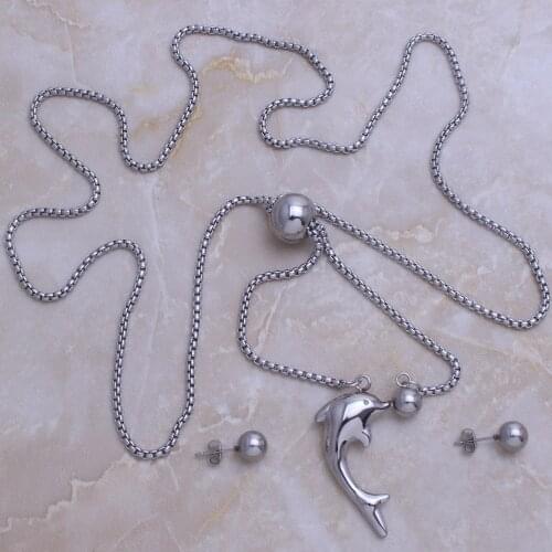 Fashion Jewelry Stainless Steel Dolphin Ball Pendant Long Necklace & Earrings Set For Woman Bijoux En Acier Inoxydable SE115007