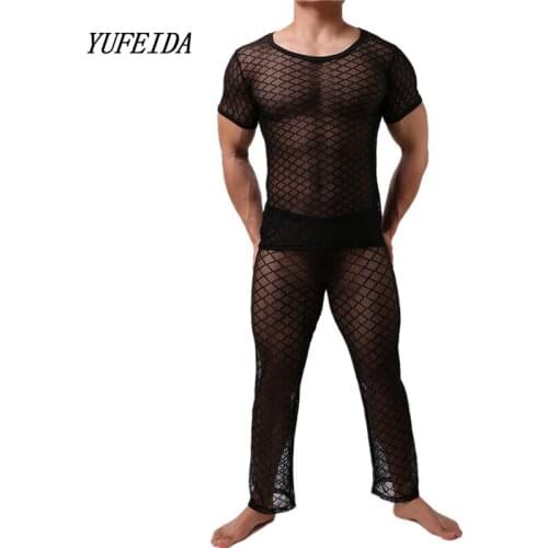 New Men Long Johns Underwear Mens Short Sleeves Sexy Mesh Transparent Sleepwear Nightwear Sexy Mesh Underwear Sets Long Johns