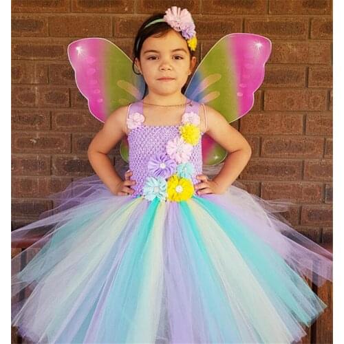 Girls Pastel Flower Tutu Dress Baby Crochet Tulle Dress with Butterfly Wing and Headband Set Kids Party Cosplay Costume Dresses