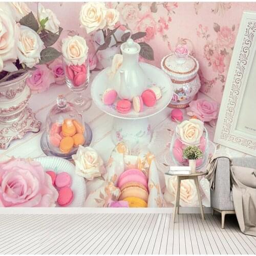 Custom Modern 3D Stereo Pink Flower Macaron Dessert Wall Sticker Girls Room Background Wall Interior Home Decor Mural Wallpapers