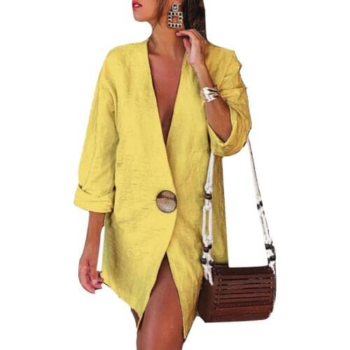 Casual Women Autumn Solid Color Long Sleeve One Button Cotton Linen Loose Blazer