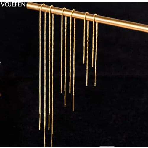 VOJEFEN Pure Gold Threader Earrings for Women | 18k Gold Earrings for Women | Gold Dangle Earrings for Women | Chain Earrings