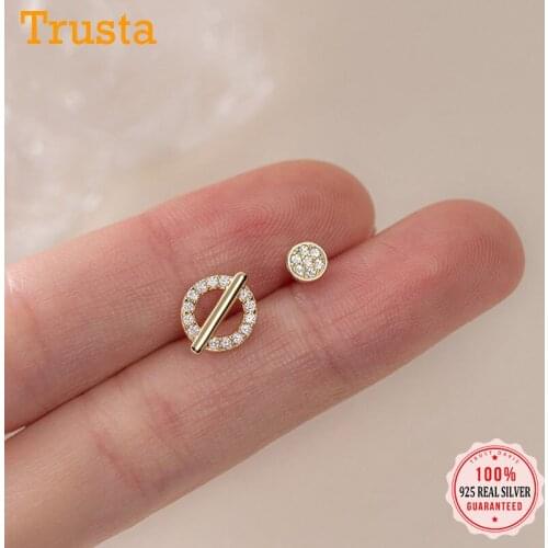 Trustadavis Real 925 Sterling Silver Fashion Sweet Asymmetric Round CZ Stud Earrings For Women Wedding Party Fine Jewelry DB1187