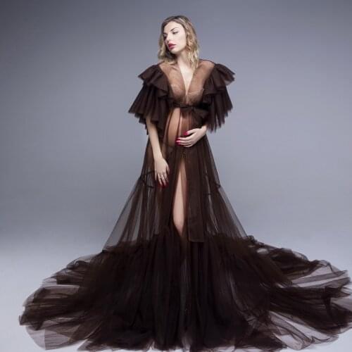 Unique Photo Shoot Evening Dresses Sexy See Through Ruffles Tulle Lace Pregnant Women Cape Dress Maternity Baby Shower