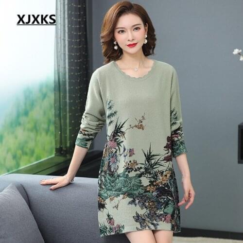 XJXKS 2020 spring new fashion printed women knitted dress loose plus size comfortable 100% wool long sweater women pullover