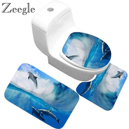 Zeegle Bathroom Rug Set Non-slip Toilet Bath Mats Washable Toilet Mat 3pcs/set Bathroom Set Mat Printed Absorbent Foot Rug