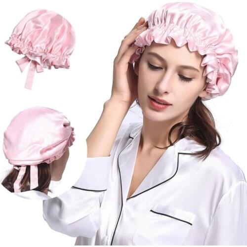 Silk Night Sleepping Cap Double Luxury 19MM Women Hat Accessories Lady Elastic band with Ribbons