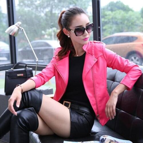 Women Autunm Winter Fashion Red Faux Leather Jackets Soft Zipper Girl Bomber Motorcycle Cool Feminina Casaco Pu Coat