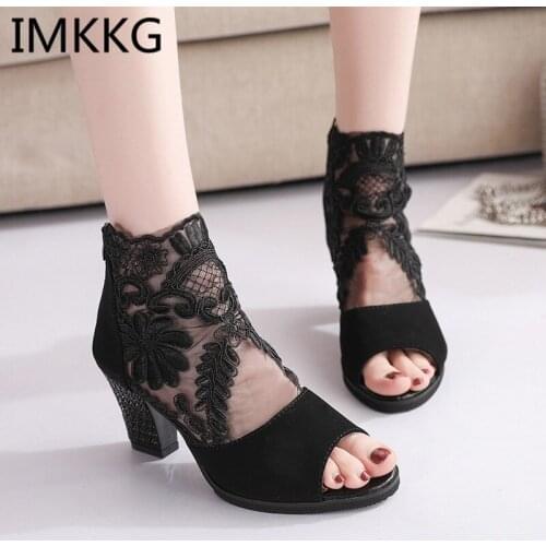2019 New High-heeled Shoes with Coarse Gauze Lace Fish Mouth Sandals Women Sandals Fashion High Heels Sandals Women A00065