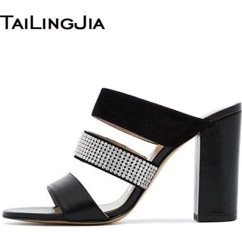 Womens Rhinestone Chunky High Heel Sandals Summer Shoes Ladies Black PU Leather Elegant Party Mule heels Large Size Sandal 2020