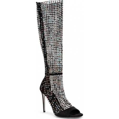 Moraima Snc Newest Crystal Embellisehd Knee High Sandal Summer Peep Toe Thin Heels Gladiator Shoes Woman Sandal Boots