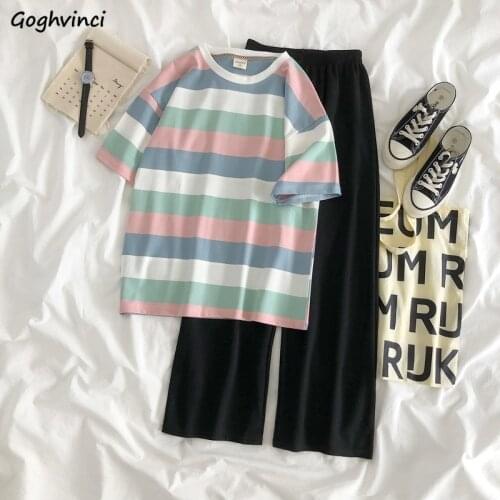 Women Sets Colorful Striped T-shirt Simple Elastic-waist Wild-leg Loose Long Trousers Student Korean Style Casual Comfortable