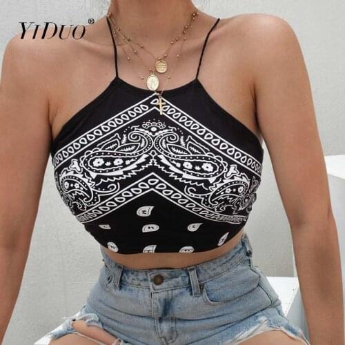 YiDuo Black Spaghetti Strap Cross Criss Camisole Women Sexy Backless Ethnic Print Crop Top Summer Tops Women Cropped Bustier Top