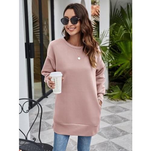 Womens Autumn And Winter Round Neck Pocket Hoodies Medium Length Casual Sweater Dress Sweatshirt For Women Pullover Tops