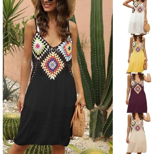 50% Hot Sales!!!Women Dress Crochet Spaghetti Strap Summer Patchwork V Neck Beach Cover-ups for Dating
