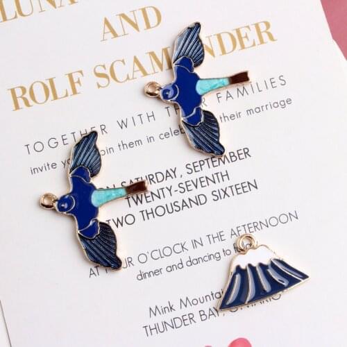 Free Shipping 10PCs Blue Style Enamel Animal Bird Charms Kawaii Gold Tone Plated volcano shape Necklace Floating Pendant Charms