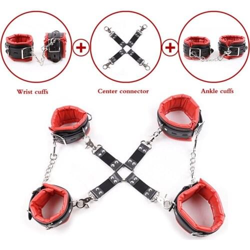 CamaTech PU Leather Padded Cross Buckle Handcuffs Ankle Cuffs With Fetish Bdsm Bondage Chain Leash Slave Adult Games For Couples