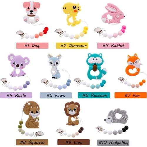 Baby Silicone Pacifier Clip With Teether Cartoon Animal Pacifier Clip Chain Fox Perle Silicone Beads Teething Nipple Holder