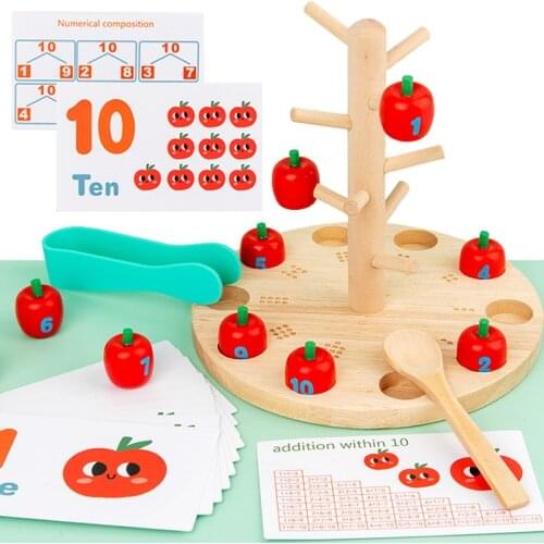 Baby Montessori Wooden Apple Assembling Building Blocks Counting Toy for Children Fine Motor Training Early Education Math Toys