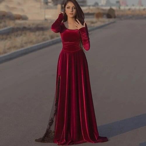 Elegant Long Velvet Muslim Prom Dress 2021 Long Sleeve Saudi Arabic Islamic A Line Evening Formal Party Gowns