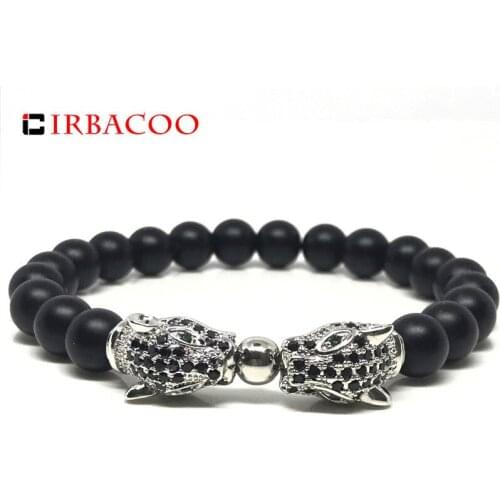 IRBACOO 2020 Brand Fashion Men Bracelet Matte Stone Double Silver-color Leopard Head With Green CZ For Men Jewelry Gift