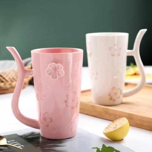 500ml Maiden Sakura Ceramic Cup Handle Straw Large Capacity Mug Coffee Cup Creative Personality Milk Cup Tea cups