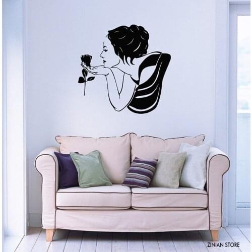 Beautiful Woman with Rose Wall Decals Flower Wall Sticker For Bedroom Sexy Girl Art Mural Removable Wallpaer Home Decor H059