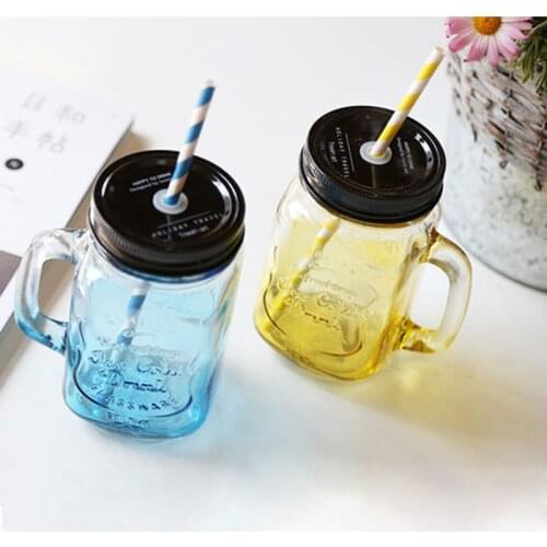 Creative Mason Jar with gradient color High Quality Crystal Glass Bottle with Lid and straw Durable Milk Coffee Beer Mug Gift