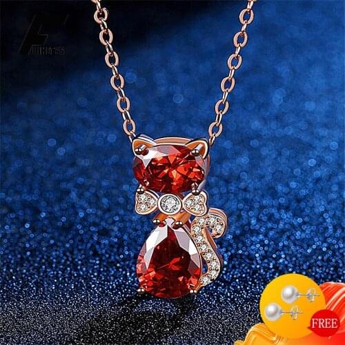 Fashion 925 Silver Jewelry Necklace Cat Shape Ruby Zircon Gemstone Pendant for Women Wedding Engagement Party Gift Accessories