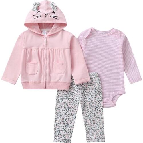 New Arrival 3pcs Cotton Baby Boy Girl Cardigan Set Baby Clothes Suit of Coat Bodysuit and Pants Clothing Set 6M-24M