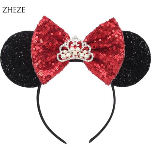 NEW Beautiful Girls Glitter Sequins Hairband 5"Bow Pearl Crown Hair Accessories Children Party Festival Mouse Ears Headband