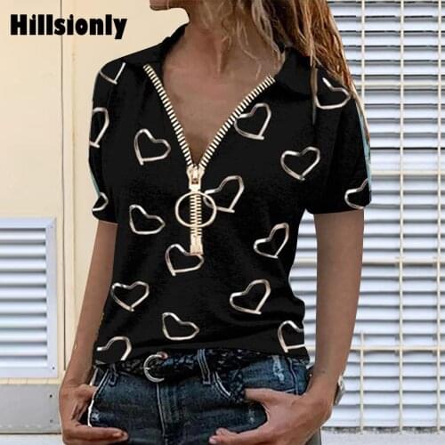 Oversized Heart Short Sleeve Zipper T Shirt Woman 2021 Ropa Mujer Plus Size Summer Clothes For Women Casaul Tops V Neck T-shirts